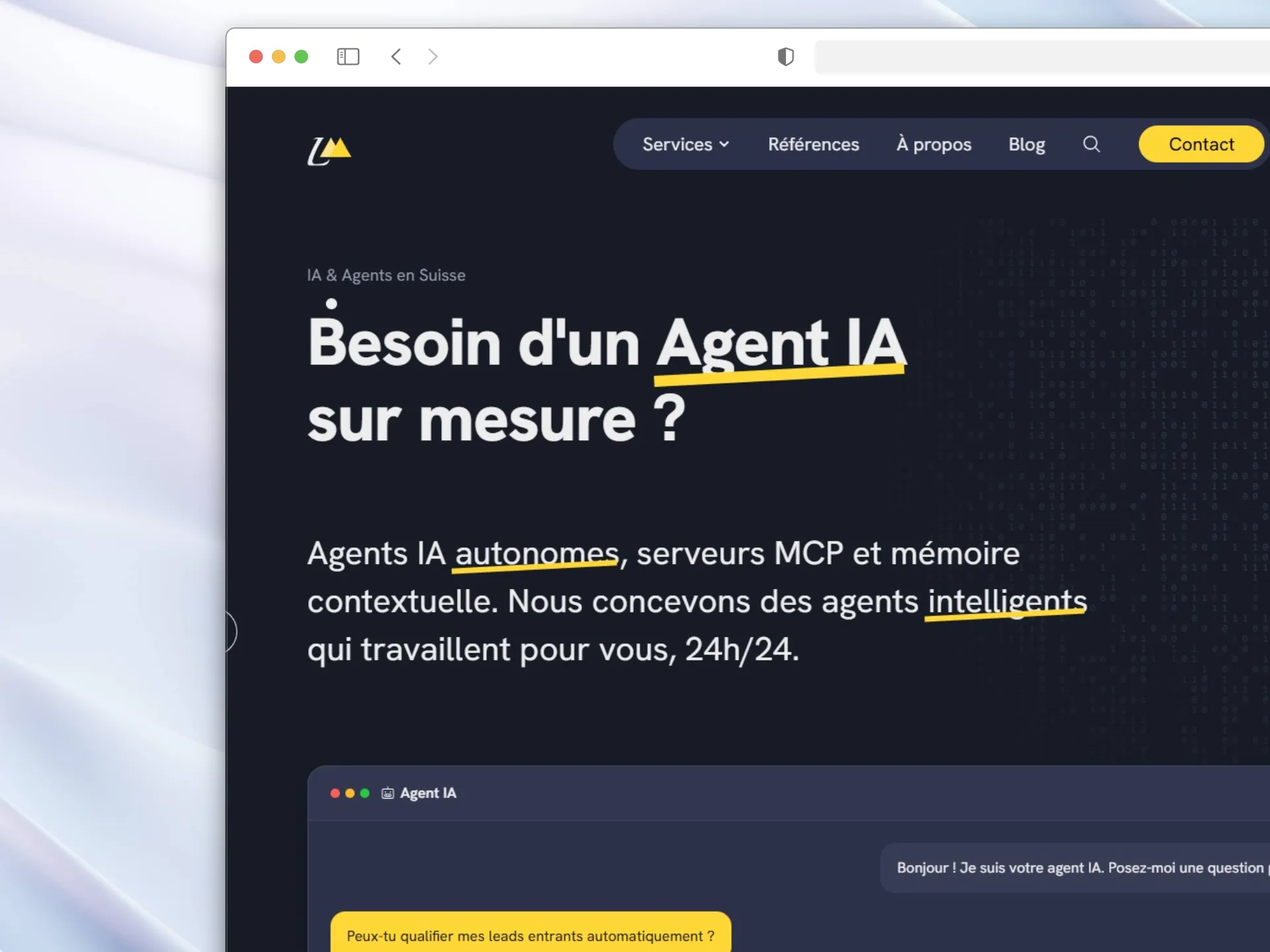 Page IA et Agents du site lausanne.marketing en mode sombre, illustrant l'implémentation du dark mode
