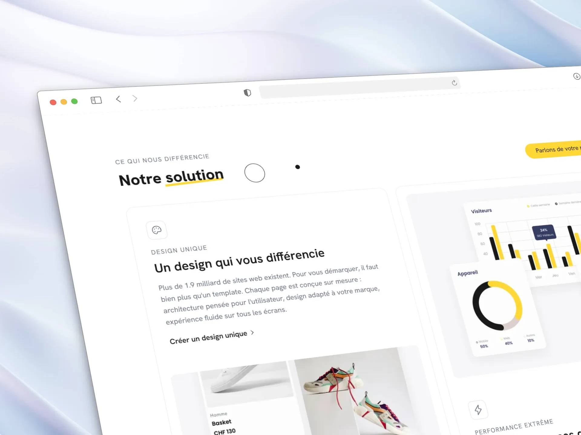 Section Notre solution de la page Site web de lausanne.marketing, illustrant l'architecture en composants et le design sur mesure